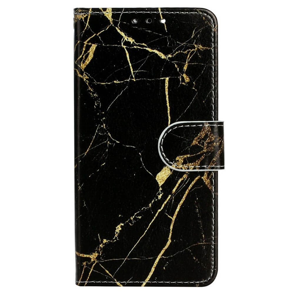 Das iPhone 17 Pro Max - Etui mit Marble Motiv von Cover-Discount bietet stilvollen Schutz, Kartenfächer und sicheren Druckknopfverschluss - hier in edlem Gold Marble Design elegant von vorn gezeigt.