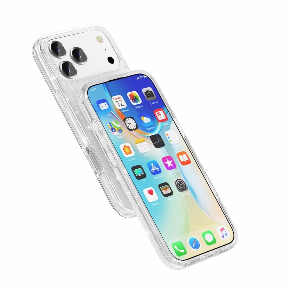 Das iPhone 17 Pro Max mit der Glitzer Case mit MagSafe von Cover-Discount: Transparentes Design zeigt farbenfrohen Homescreen und Kameraobjektive, MagSafe-kompatibel.