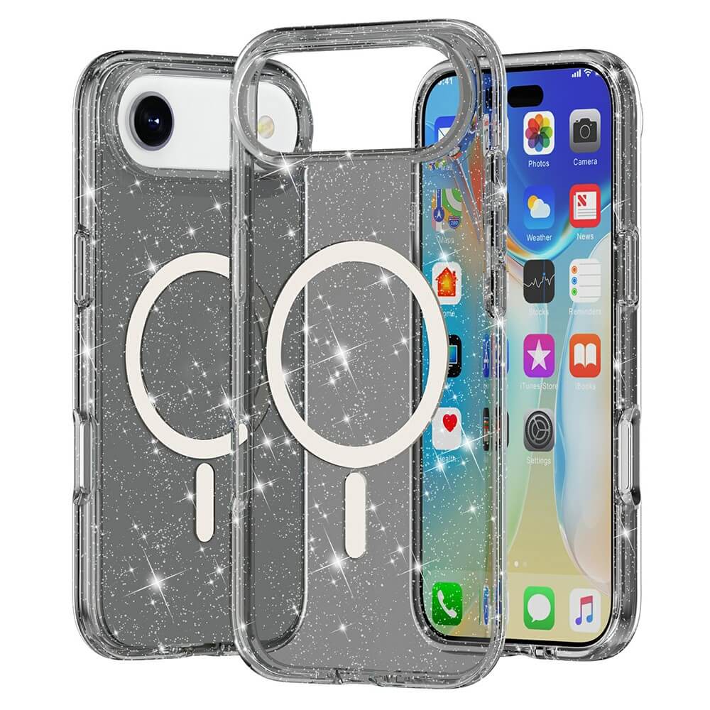 Das Cover-Discount iPhone 17 Air - Glitzer Case mit MagSafe wird auf und neben einem iPhone 17 Air mit Apps auf dem Display präsentiert.