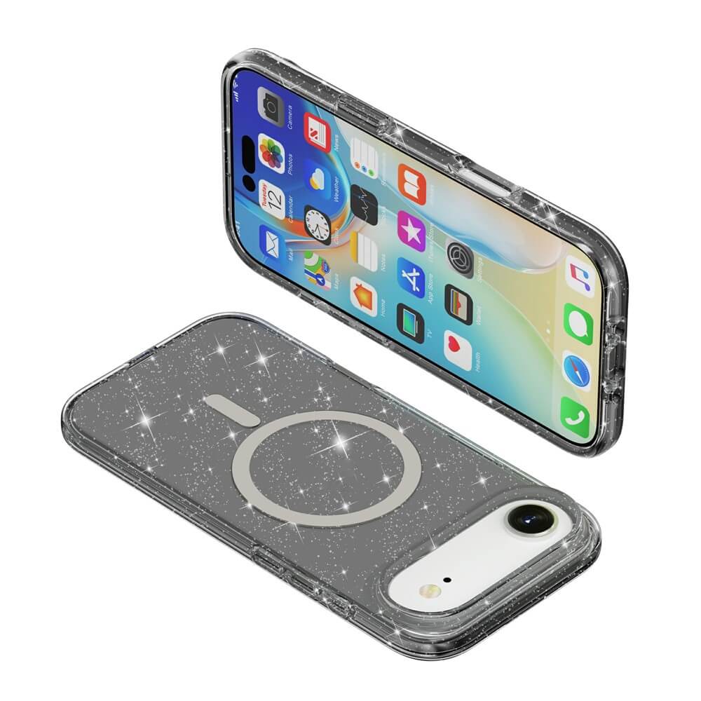 Zwei iPhones, darunter das iPhone 17 Air, sind auf der Vorder- und Rückseite im Cover-Discount Glitzer Case mit MagSafe auf einem weißen Hintergrund abgebildet.