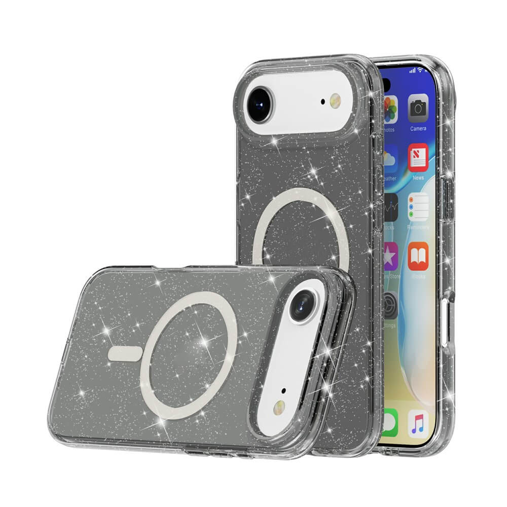 Das iPhone 17 Air ist mit dem Cover-Discount Glitzer Case mit MagSafe abgebildet, das eine klare Schale, weiße Kreisakzente und einen stilvollen Schimmer aufweist. Beide Hüllen sind MagSafe kompatibel für eine sichere Befestigung.