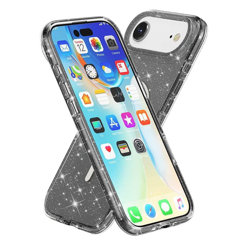 Zwei iPhone 17 Air Smartphones von Cover-Discount werden in Glitzer Cases mit MagSafe gezeigt, wobei sowohl der Bildschirm als auch die glitzernde Hülle mit nach außen gerichteter Kamera für einen stilvollen, MagSafe-kompatiblen Look sorgen.