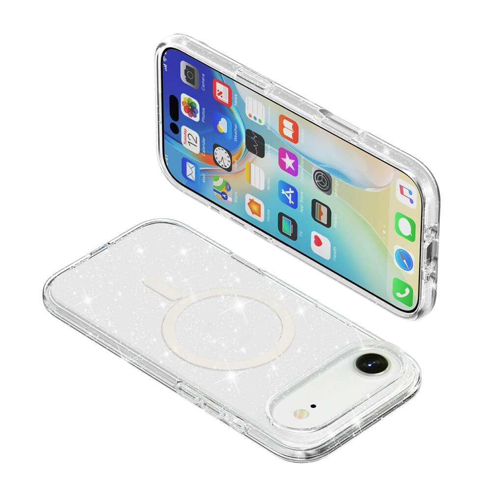 Zwei Cover-Discount iPhone 17 Air Glitzer Cases mit MagSafe sind zu sehen: eines am iPhone 17 Air, eines flach liegend - beide zeigen den MagSafe-Ring.