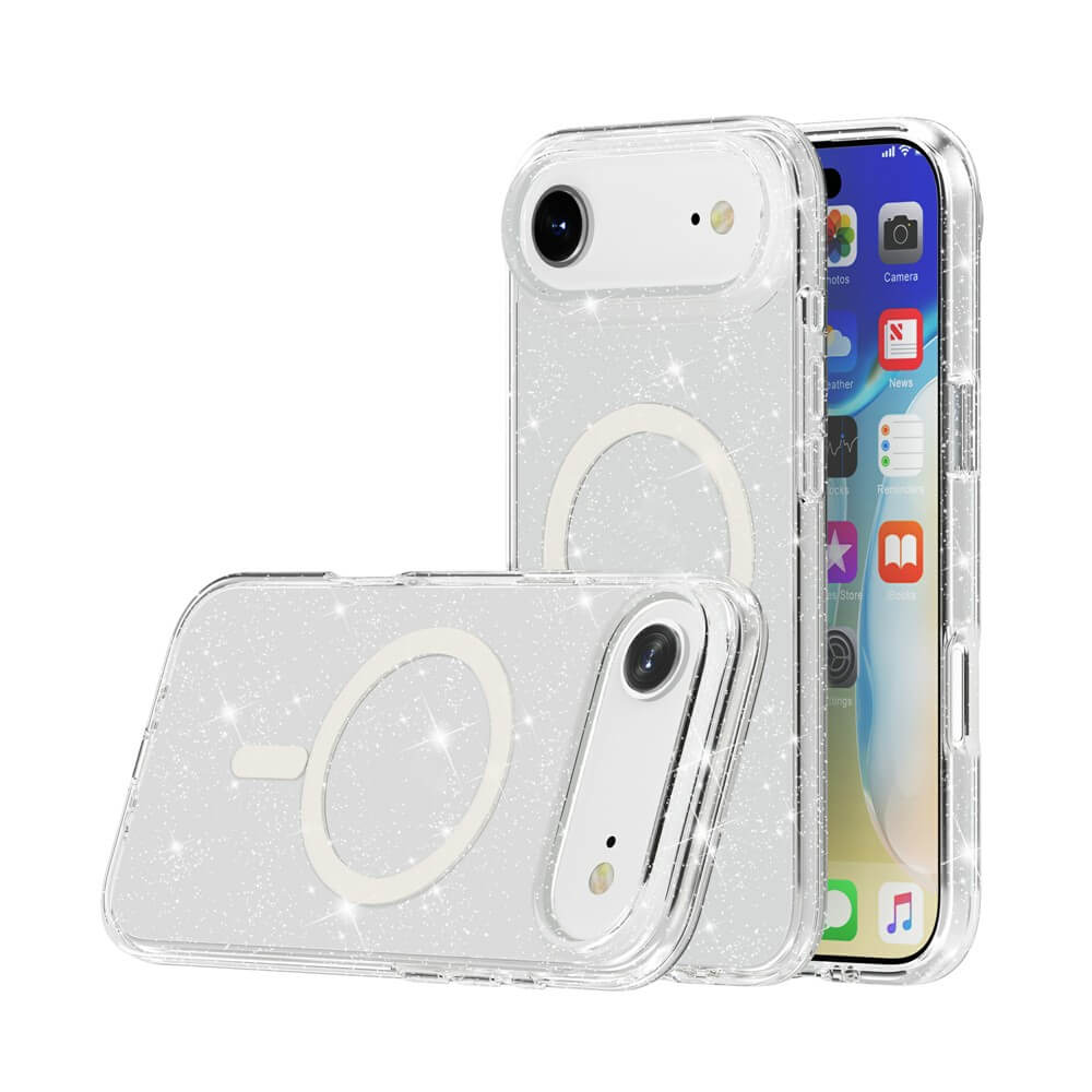 Zwei Cover-Discount iPhone 17 Air Glitzer Cases mit MagSafe, transparent, dargestellt auf weißen Telefonen - eines aufrecht und eines liegend - beide zeigen das runde MagSafe-Design.