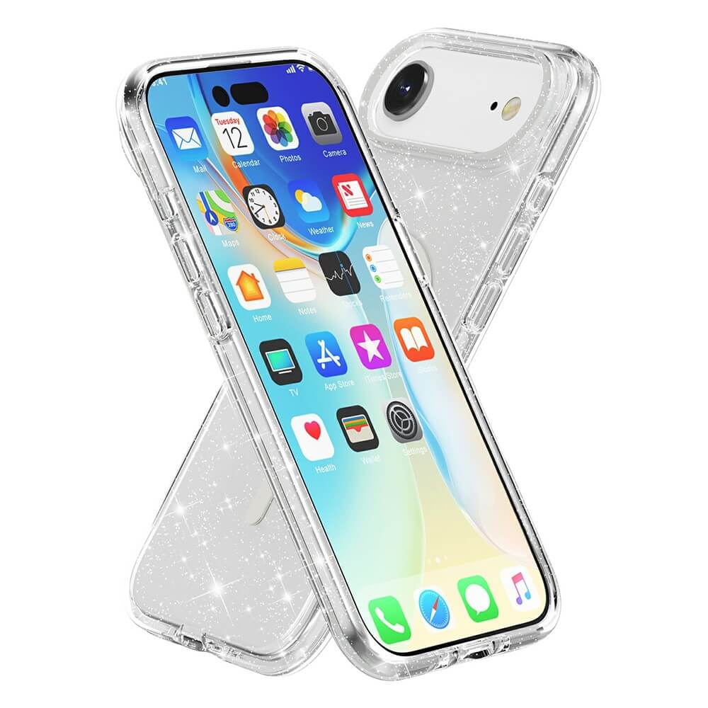 Zwei iPhone 17 Air Smartphones in Cover-Discount's Glitzer Case mit MagSafe, mit klarem, glitzerndem Schutz und bunten App-Icons auf dem Display.