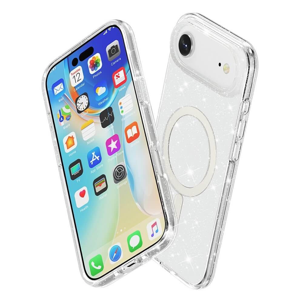 Zwei iPhone 17 Air Telefone in Cover-Discount Glitzer Case mit MagSafe zeigen Vorder- und Rückseite - transparente, glitzernde Hüllen.