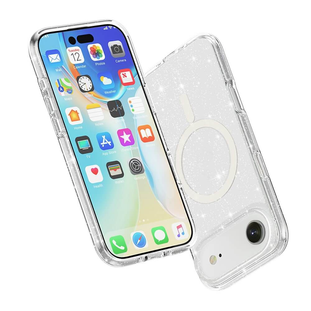 Zeigen Sie Ihr iPhone 17 Air mit dem Glitzer Case mit MagSafe von Cover-Discount: Eine Hülle zeigt Apps an, die andere hebt die glitzernde Rückseite und den MagSafe-Ring hervor - perfekter Schutz trifft auf stilvolles Design.