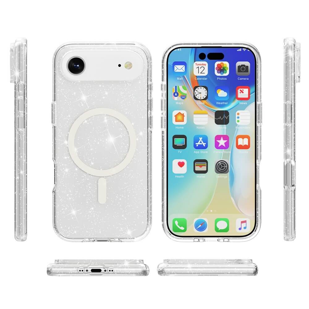 Das Cover-Discount iPhone 17 Air - Glitzer Case mit MagSafe zeigt sich kompatibel aus jeder Perspektive: vorne, hinten, seitlich und unten.