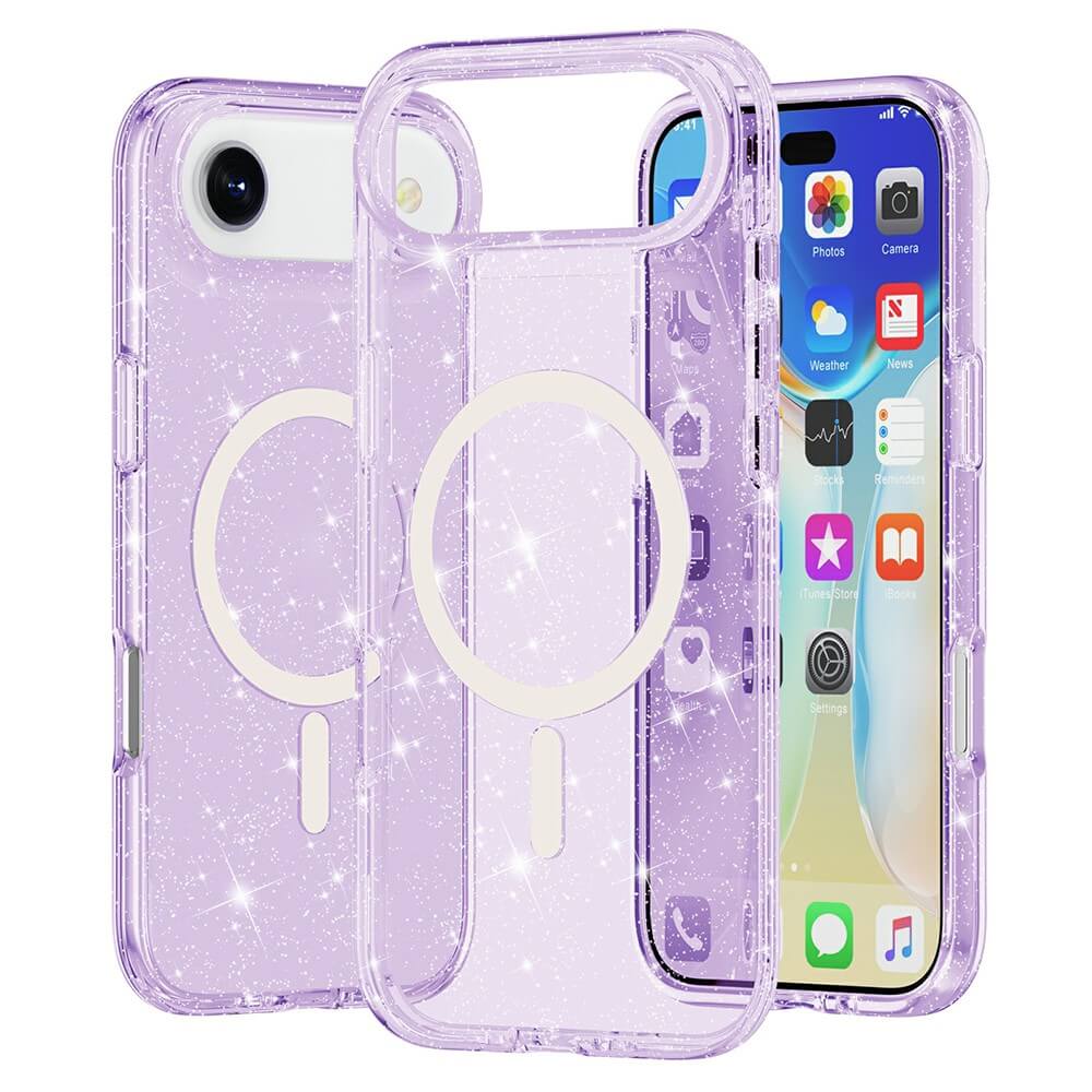 Das Cover-Discount iPhone 17 Air - Glitzer Case mit MagSafe in funkelndem Lila wird auf und neben einem eingeschalteten iPhone 17 Air präsentiert.
