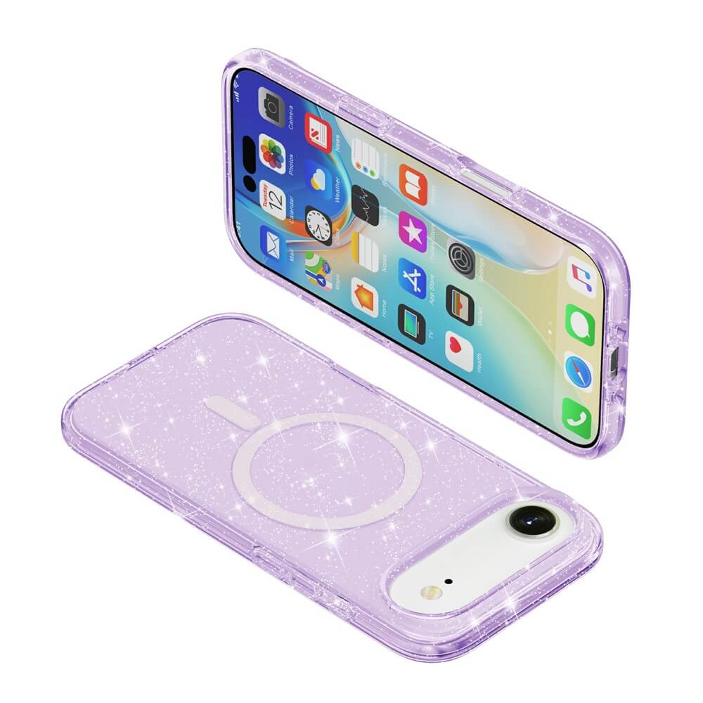 Zwei Cover-Discount iPhone 17 Air Telefone in lila Glitzer Case mit MagSafe-eines zeigt das Display, das andere hebt seine Kamera und MagSafe-kompatiblen Ring hervor.