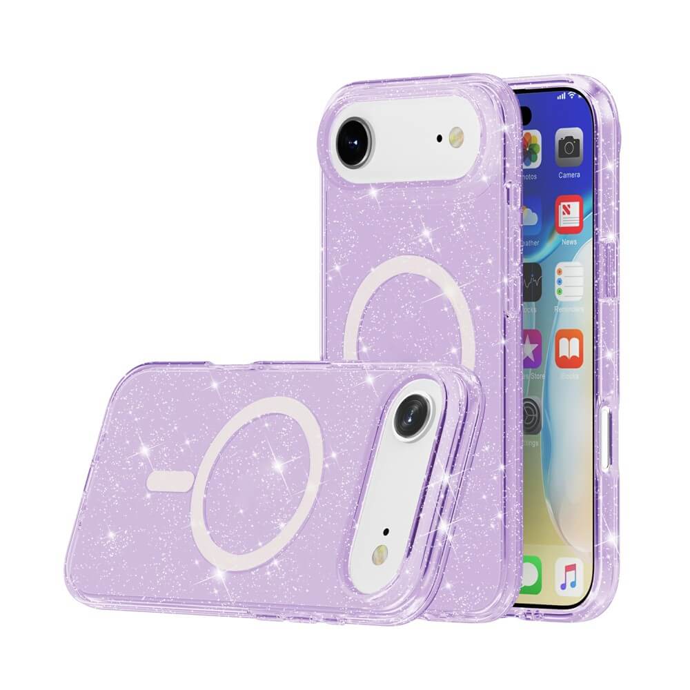 Zwei iPhone 17 Air Geräte in Cover-Discount Glitzer Case mit MagSafe-eines hochkant, eines flach-zeigen die Vorder- und Rückseite dieser eleganten, glitzernden lila Handyhülle.