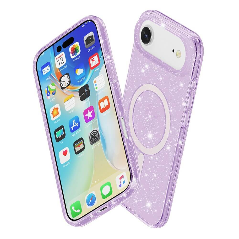 Das Cover-Discount iPhone 17 Air - Glitzer Case mit MagSafe in lila Glitzer ist sowohl auf dem Telefon als auch separat auf dem Display und der Rückseite abgebildet. Es ist MagSafe kompatibel für einfaches kabelloses Laden.