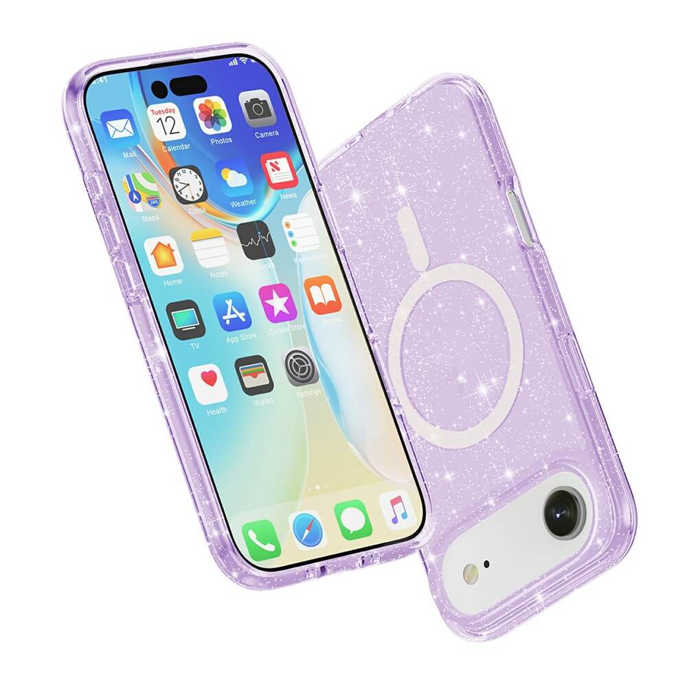 Zwei Cover-Discount iPhone 17 Air Telefone im lila Glitzer Case mit MagSafe: eines zeigt den Home Screen, das andere die MagSafe-kompatible Rückseite und Kamera.