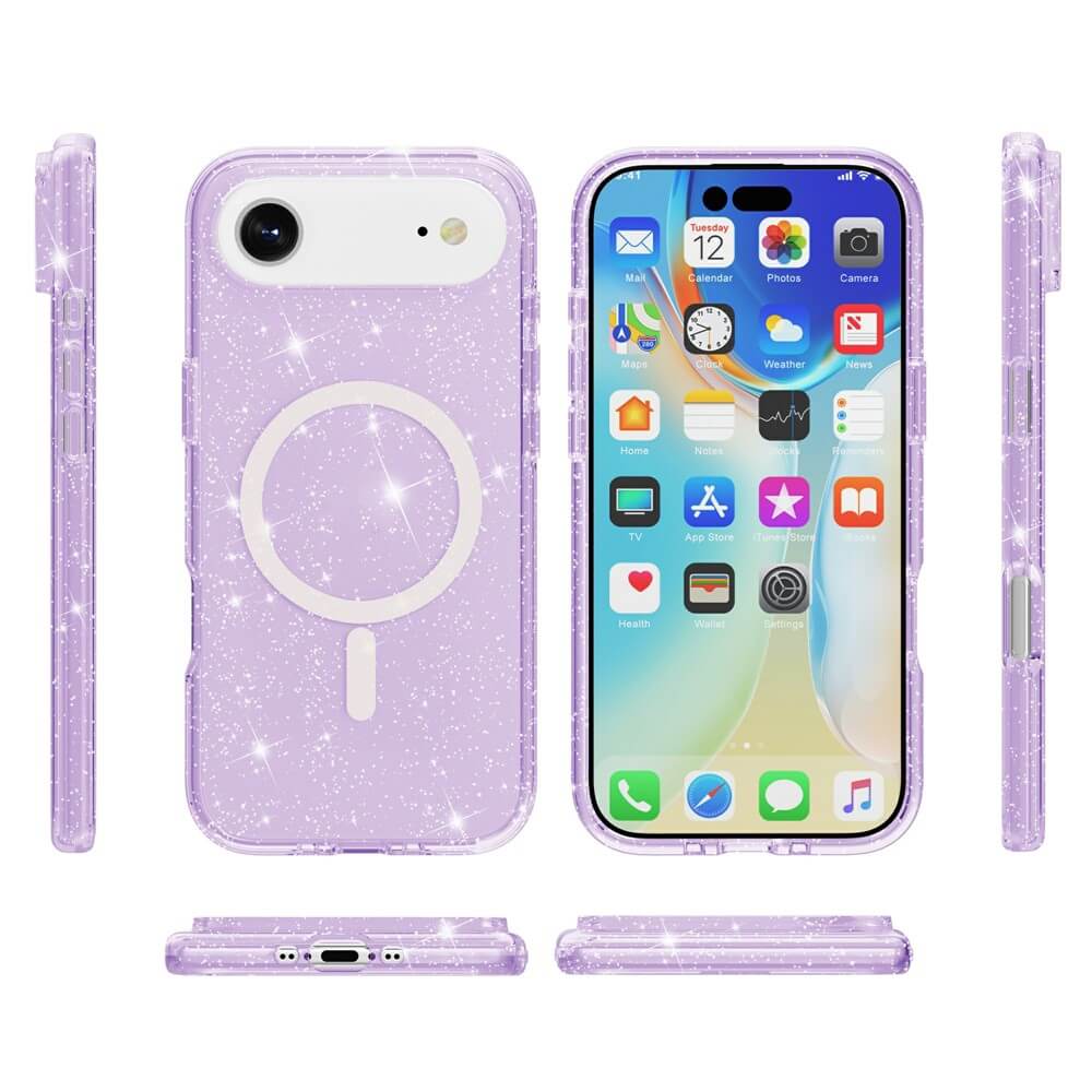 Das iPhone 17 Air - Glitzer Case mit MagSafe von Cover-Discount wird aus verschiedenen Blickwinkeln am iPhone mit sichtbarem Homescreen präsentiert.