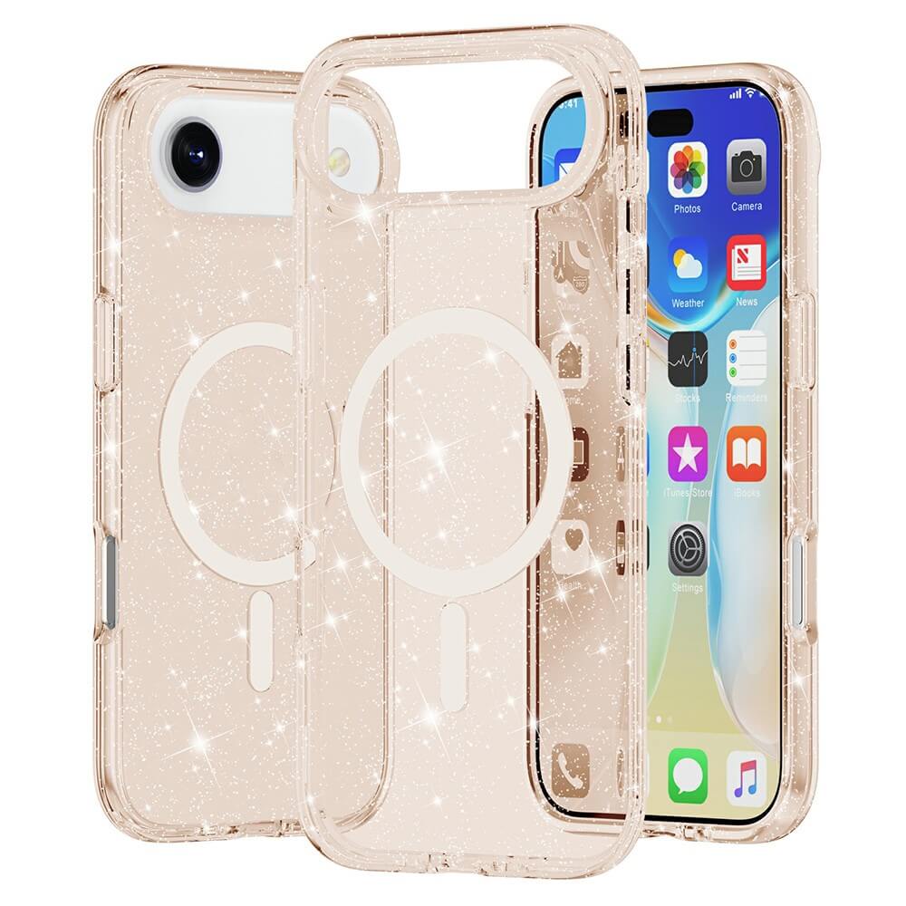 Zwei funkelnde, klare Cover-Discount Glitzer Case mit MagSafe für das iPhone 17 Air, gezeigt von vorne und hinten, mit sichtbarem MagSafe-kompatiblem Ring.