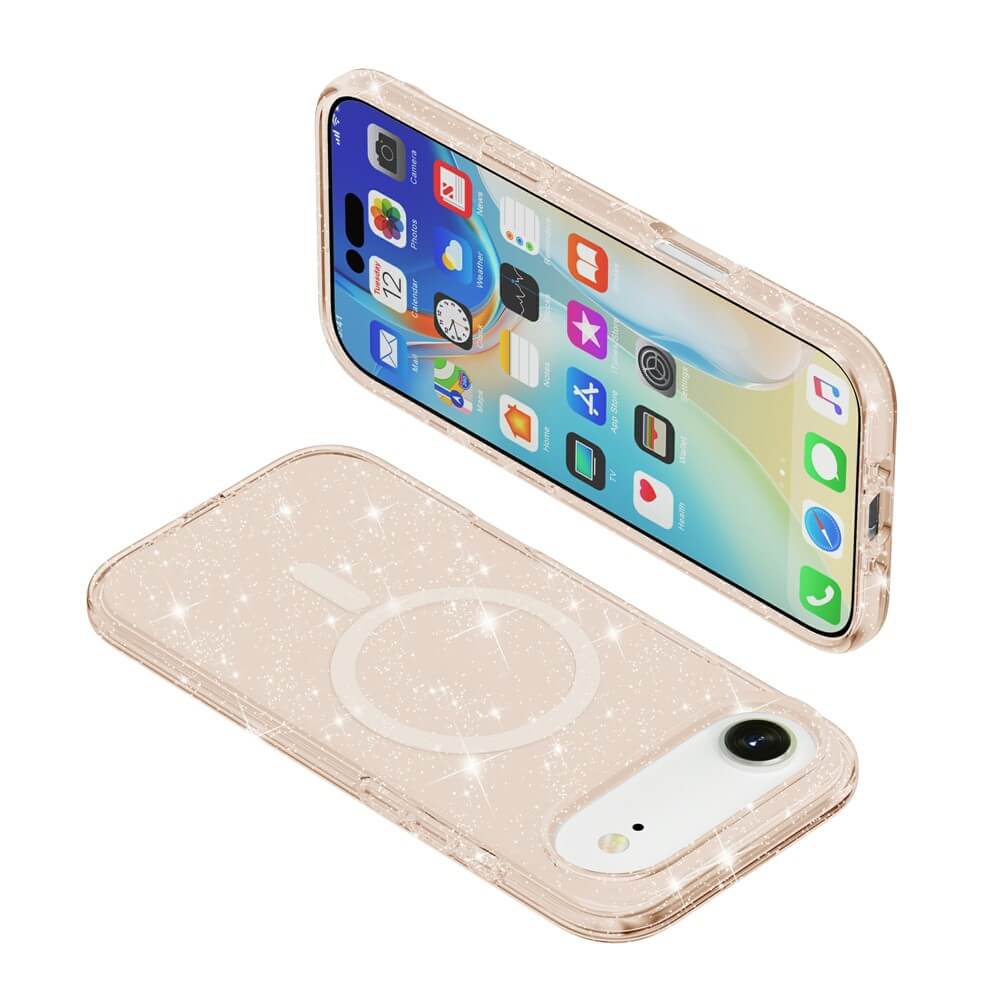 Zwei Cover-Discount iPhone 17 Air - Glitzer Cases mit MagSafe: ein Telefon mit dem Display nach oben, das andere mit dem MagSafe-kompatiblen Glitzer-Case-Design nach unten.