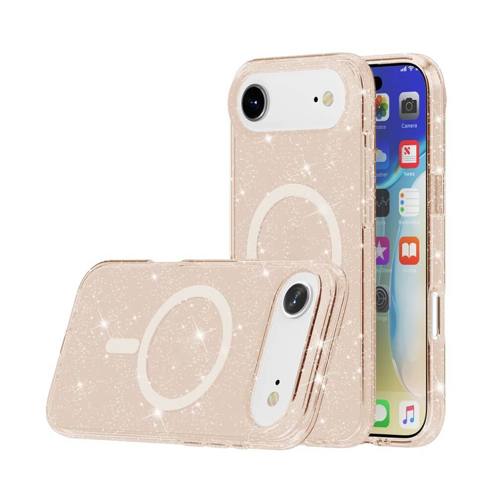 Zwei glitzernde, klare Cover-Discount Glitzer Cases mit MagSafe auf goldenem iPhone 17 Air - eines hochkant, eines flach - zeigen die Vorder- und Rückseite. MagSafe kompatibel für einfaches Zubehör anbringen.