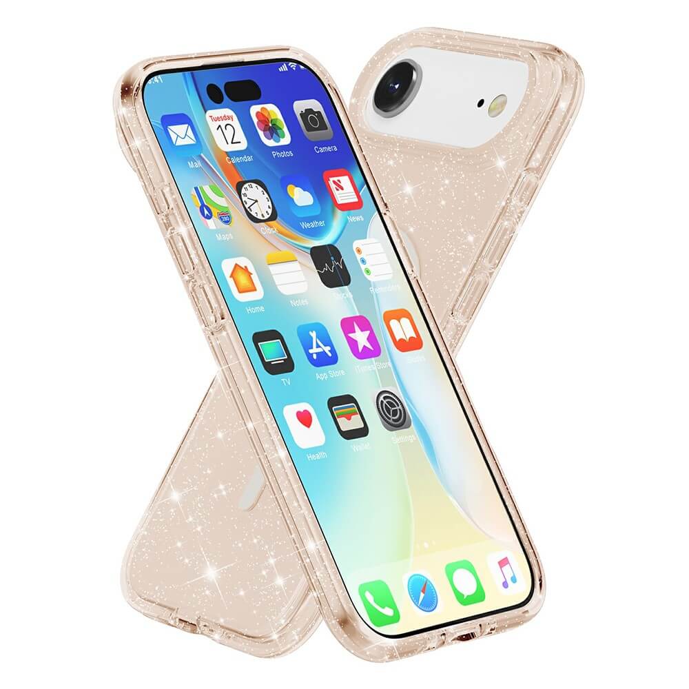 Abgebildet sind zwei Cover-Discount iPhone 17 Air - Glitzer Case mit MagSafe Geräte; eines zeigt die funkelnde Rückseite, das andere das Display.