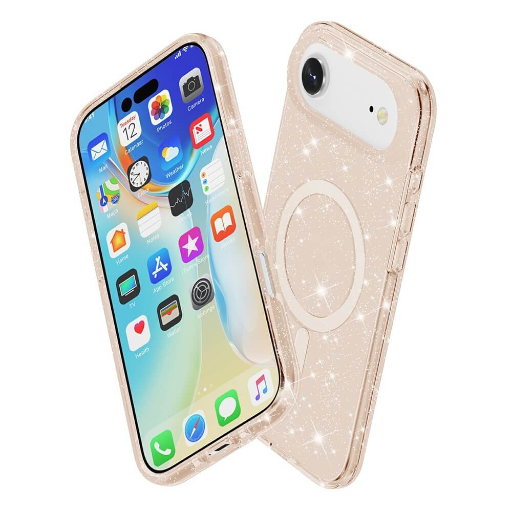 Zwei Cover-Discount iPhone 17 Air Geräte mit Glitzer Case mit MagSafe-eines zeigt den Startbildschirm, das andere hebt seine lustige, funkelnde MagSafe-kompatible Rückseite hervor.