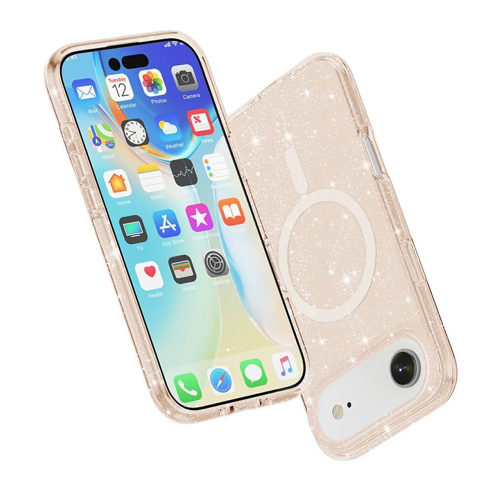 Zwei Cover-Discount iPhone 17 Air Telefone mit Glitzer Case mit MagSafe-eines zeigt das Display, das andere hebt die funkelnde, transparente Rückseite hervor.