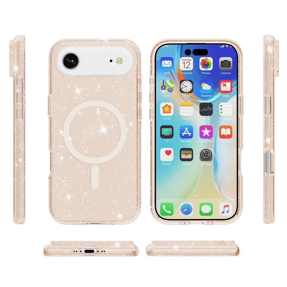 Das Cover-Discount iPhone 17 Air Glitzer Case mit MagSafe wird aus verschiedenen Blickwinkeln am Smartphone präsentiert.