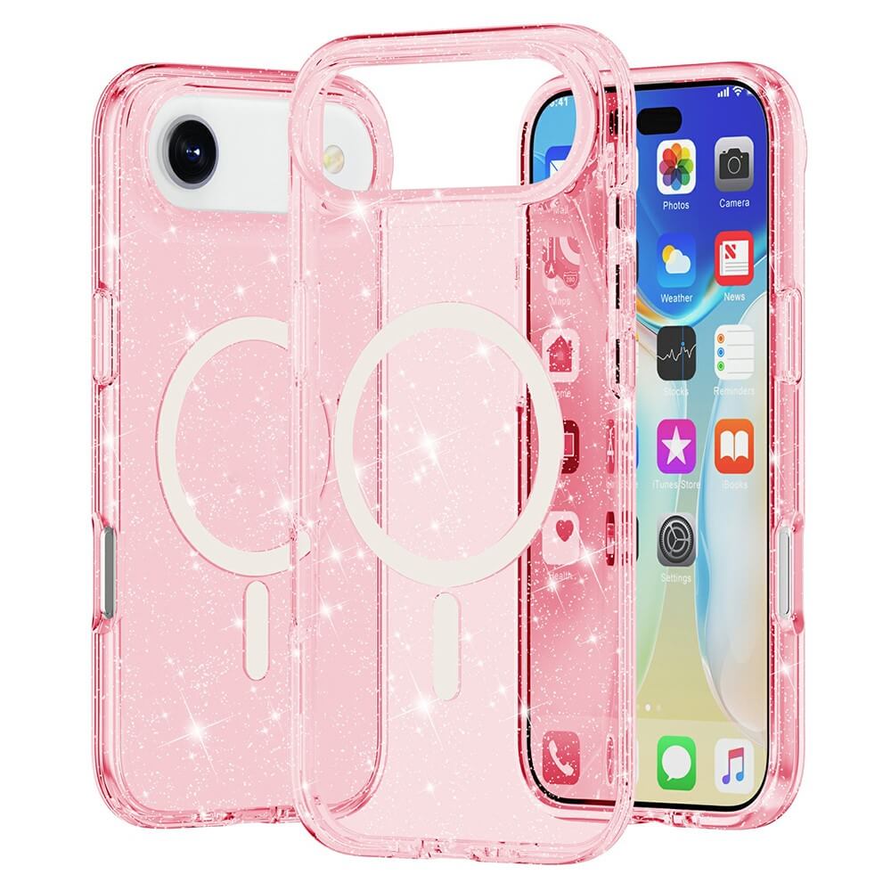 Cover-Discount's iPhone 17 Air - Glitzer Case mit MagSafe in rosa Glitzer ist in drei Ansichten zu sehen: Rückseite, Vorderseite und mit einem Telefon, das den Startbildschirm anzeigt. Alle Hüllen sind MagSafe kompatibel für einfaches Laden und Zubehör.