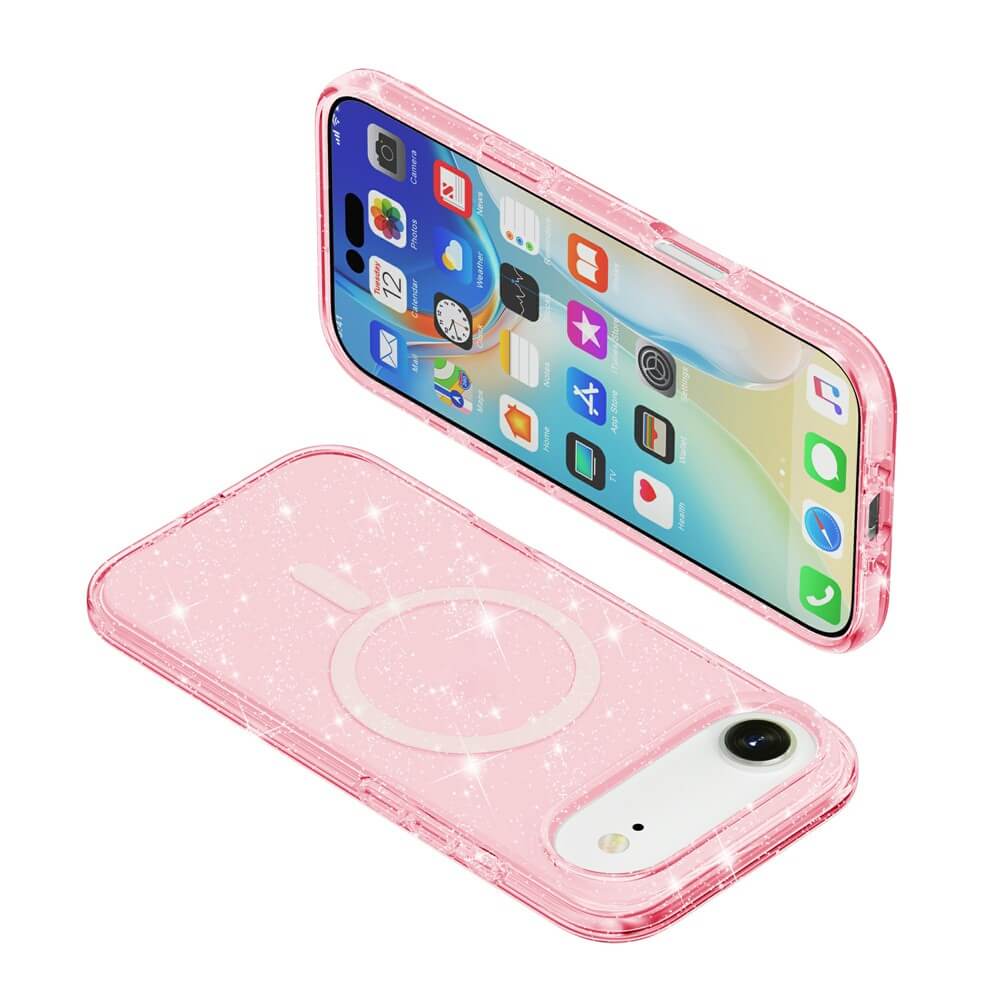 Zwei Cover-Discount iPhone 17 Air - Glitzer Case mit MagSafe in Pink - einmal mit der Vorderseite nach oben, einmal mit der Rückseite nach unten - zeigen das funkelnde Design aus jedem Blickwinkel.