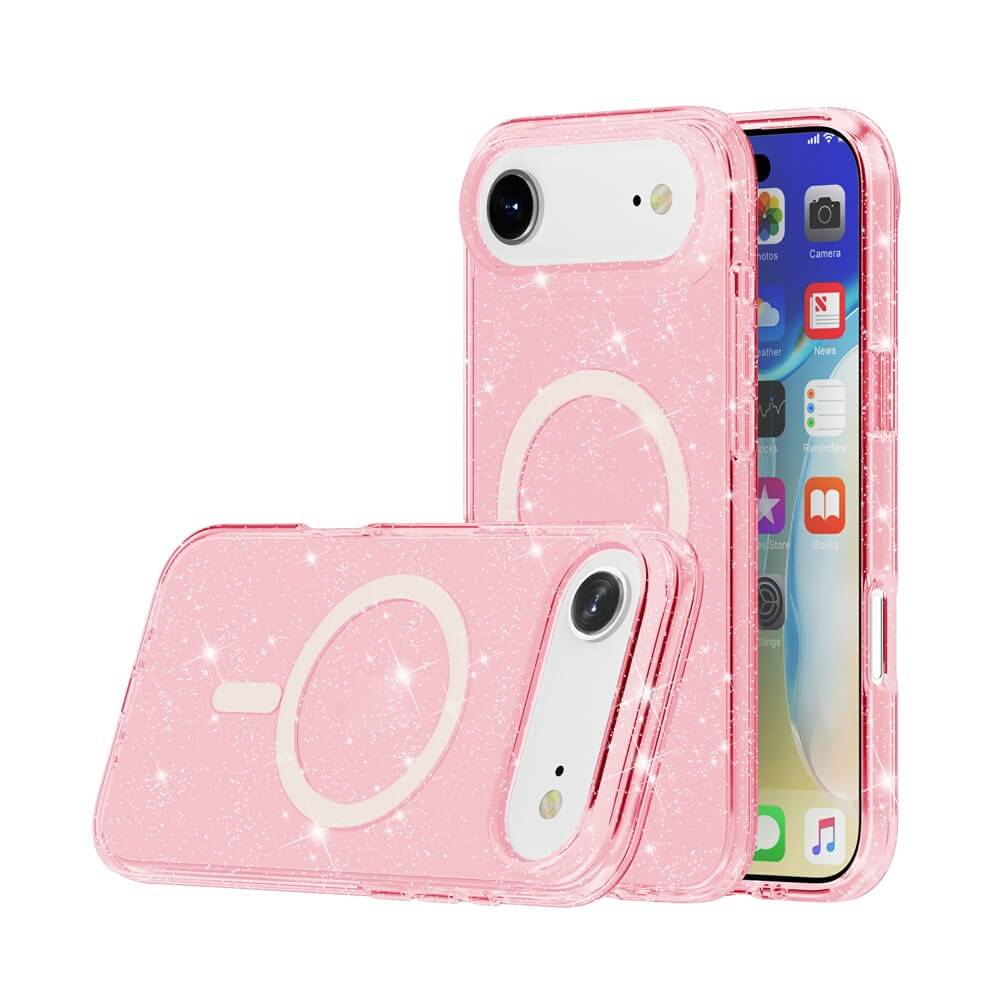 Zwei Cover-Discount Glitzer Cases mit MagSafe in Pink für das iPhone 17 Air - eines am Gerät mit farbigem Display, das andere daneben.