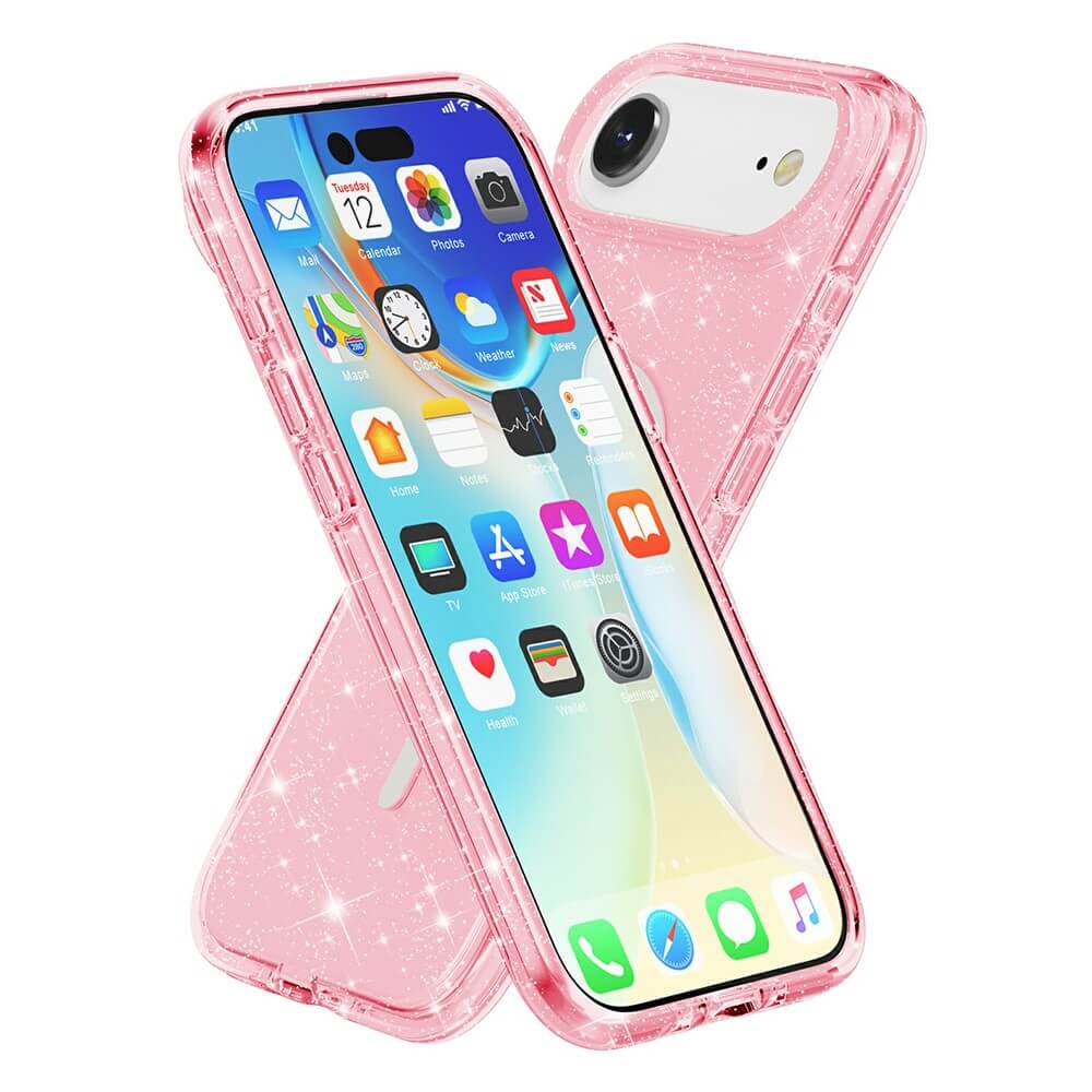 Zwei Cover-Discount iPhone 17 Air Telefone mit pinkem Glitzer Case mit MagSafe - eines aufrecht, eines angewinkelt - zeigen bunte Homescreens.