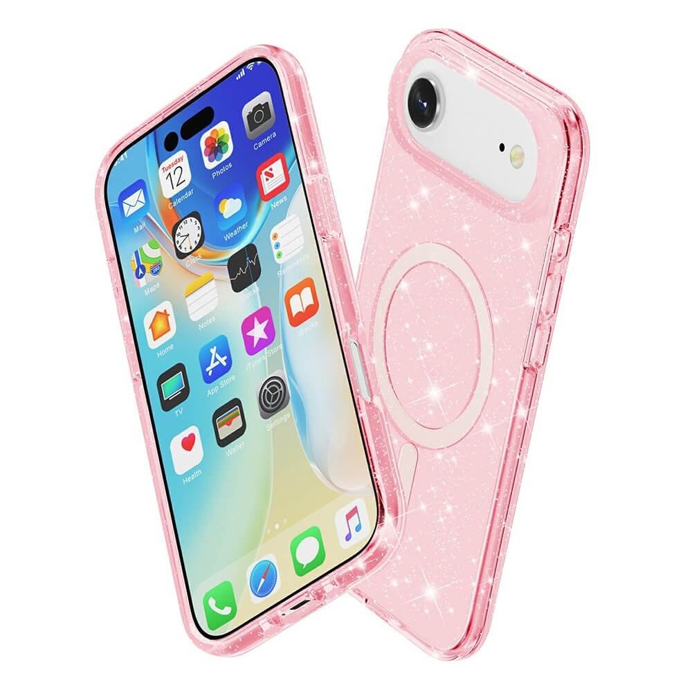 Zwei rosafarbene Cover-Discount Glitzer Cases mit MagSafe für das iPhone 17 Air-eines zeigt den Startbildschirm, das andere seine funkelnde Rückseite. Perfekte Passform und Stil!.