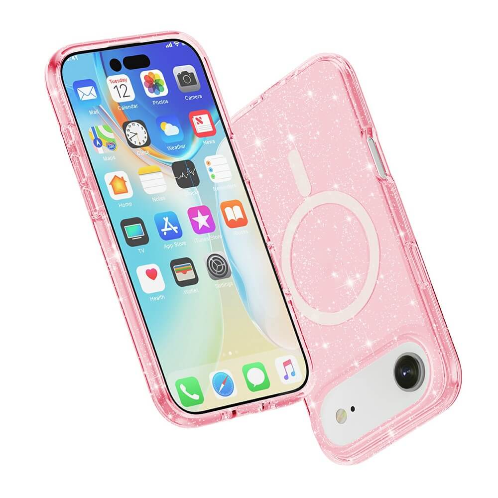 Zwei iPhone 17 Air Telefone mit rosa Glitzer Case von Cover-Discount-eines zeigt den Bildschirm, das andere die Rückseite und Kamera. MagSafe-kompatibel für einfaches Aufladen und stilvollen Schutz.