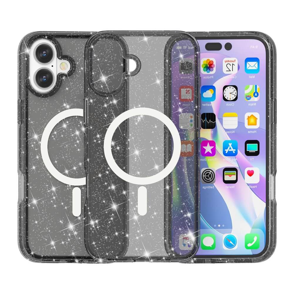 Drei iPhone 17 - Glitzer Cases mit weißen MagSafe-Ringen von Cover-Discount stehen vor einem iPhone 17 mit bunten Apps - stilvoll, schimmernd und MagSafe-kompatibel!.