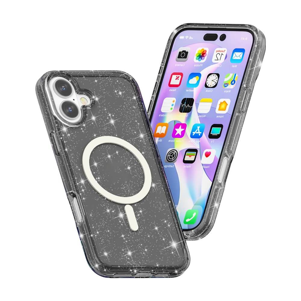 Zwei iPhone 17 - Glitzer Case mit MagSafe von Cover-Discount, mit lebendigen App-Symbolen auf ihren Displays.