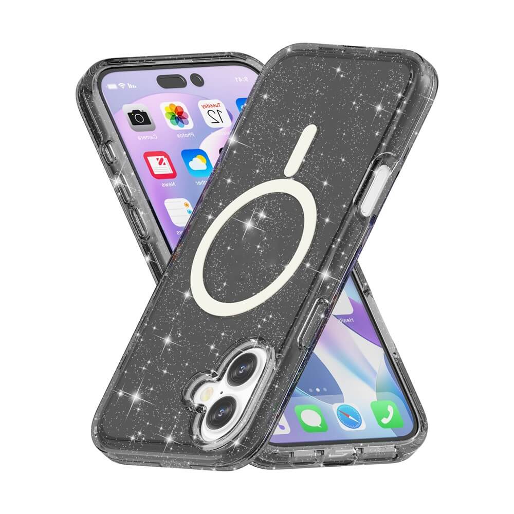 Zwei iPhone 17 von Cover-Discount im Glitzer Case mit MagSafe, weißem Ringdesign, stilvoll Rücken an Rücken arrangiert.