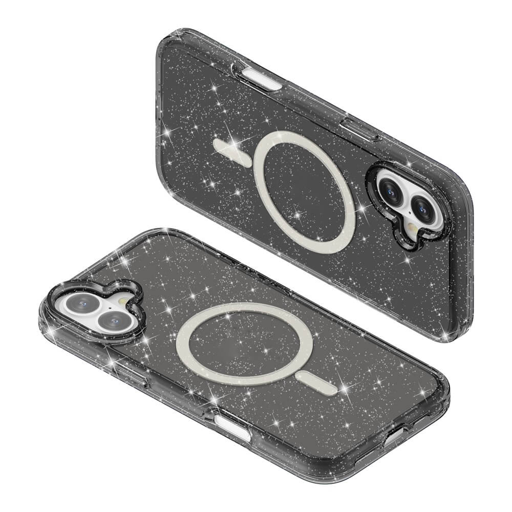 Zwei glitzernde schwarze Cover-Discount iPhone 17 - Glitzer Case mit MagSafe, abgebildet auf Vorder- und Rückseite mit stylischen Ringdesigns.