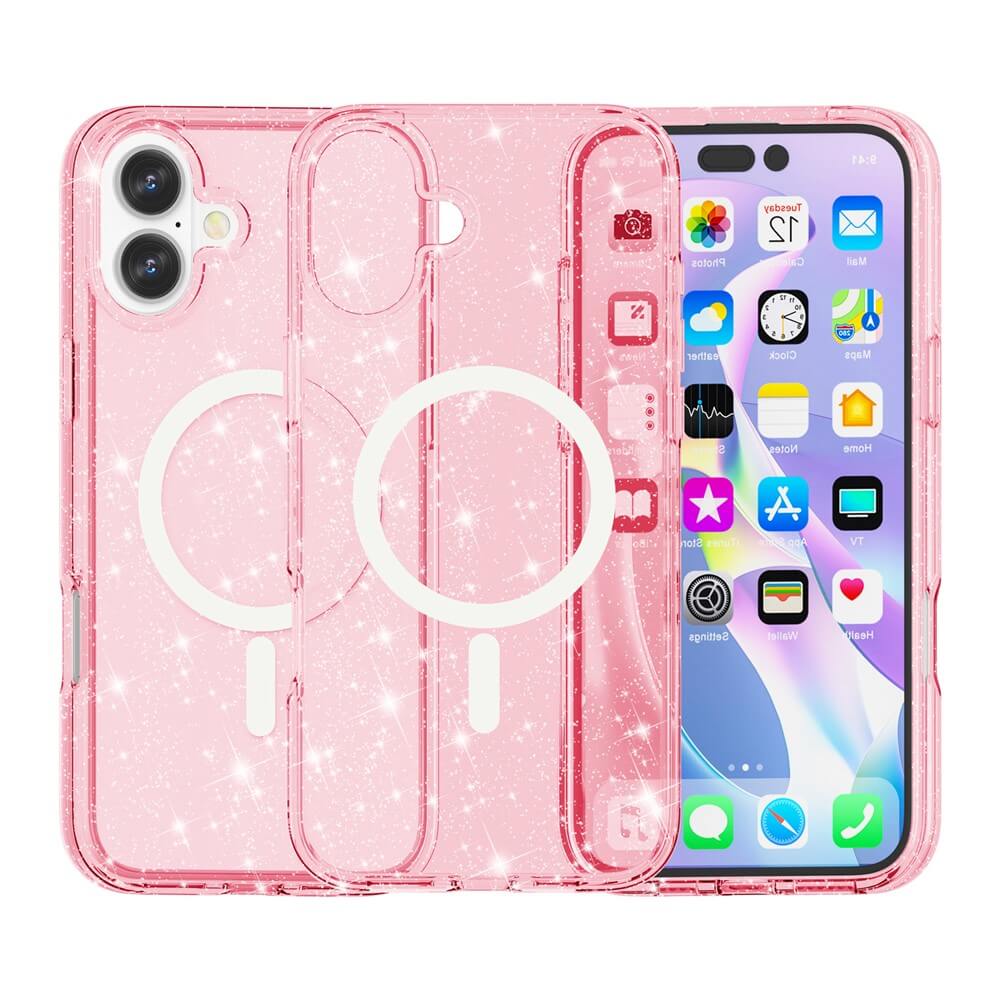 Drei rosafarbene, glitzernde Cover-Discount iPhone 17 - Glitzer Case mit MagSafe Hüllen sind vor einem iPhone abgebildet, das seinen Startbildschirm zeigt.