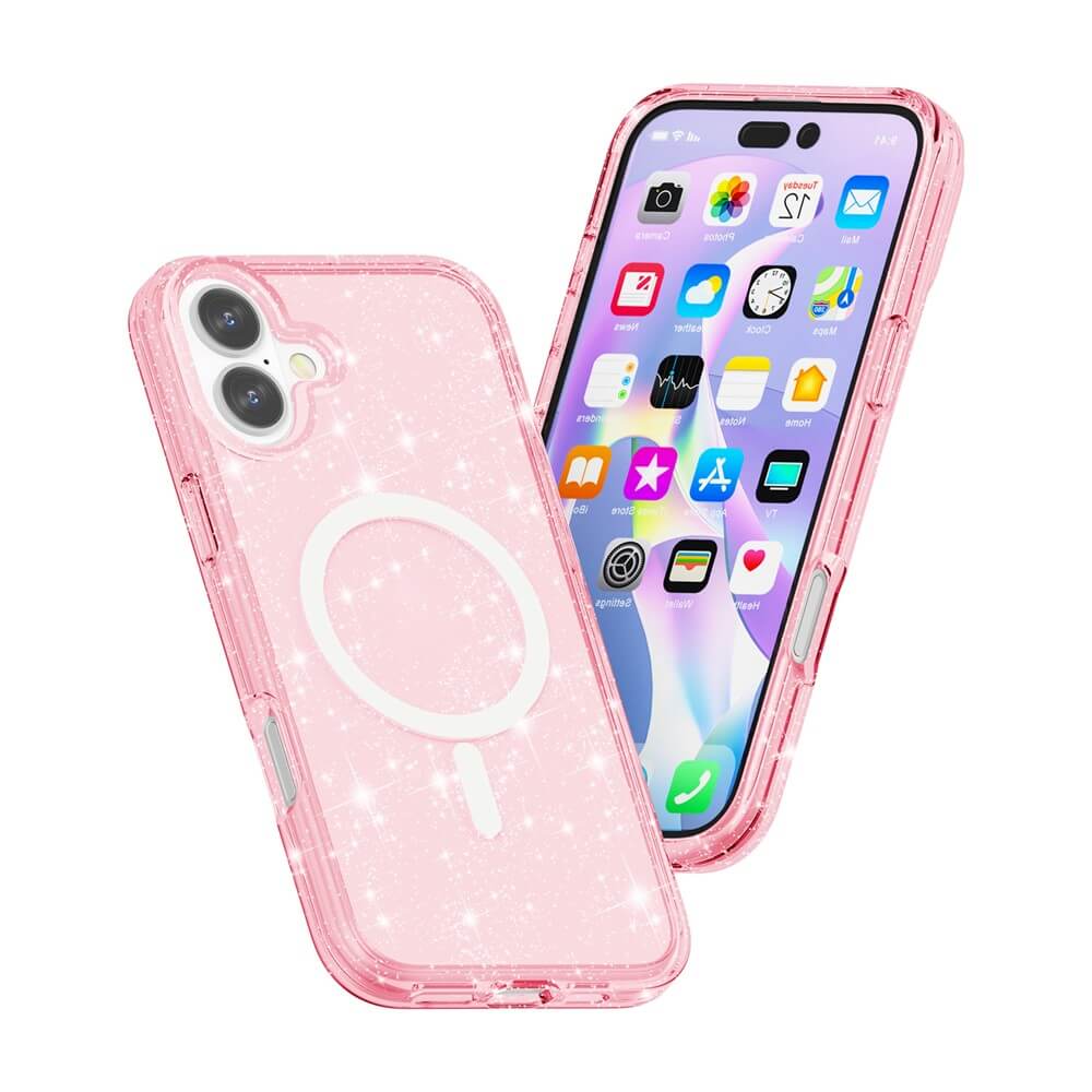 Zwei iPhone 17 Geräte zeigen das Cover-Discount Glitzer Case mit MagSafe in pink, mit Vorder- und Rückseite. Diese Cases sind MagSafe-kompatibel für stilvollen Schutz und einfaches Aufladen.