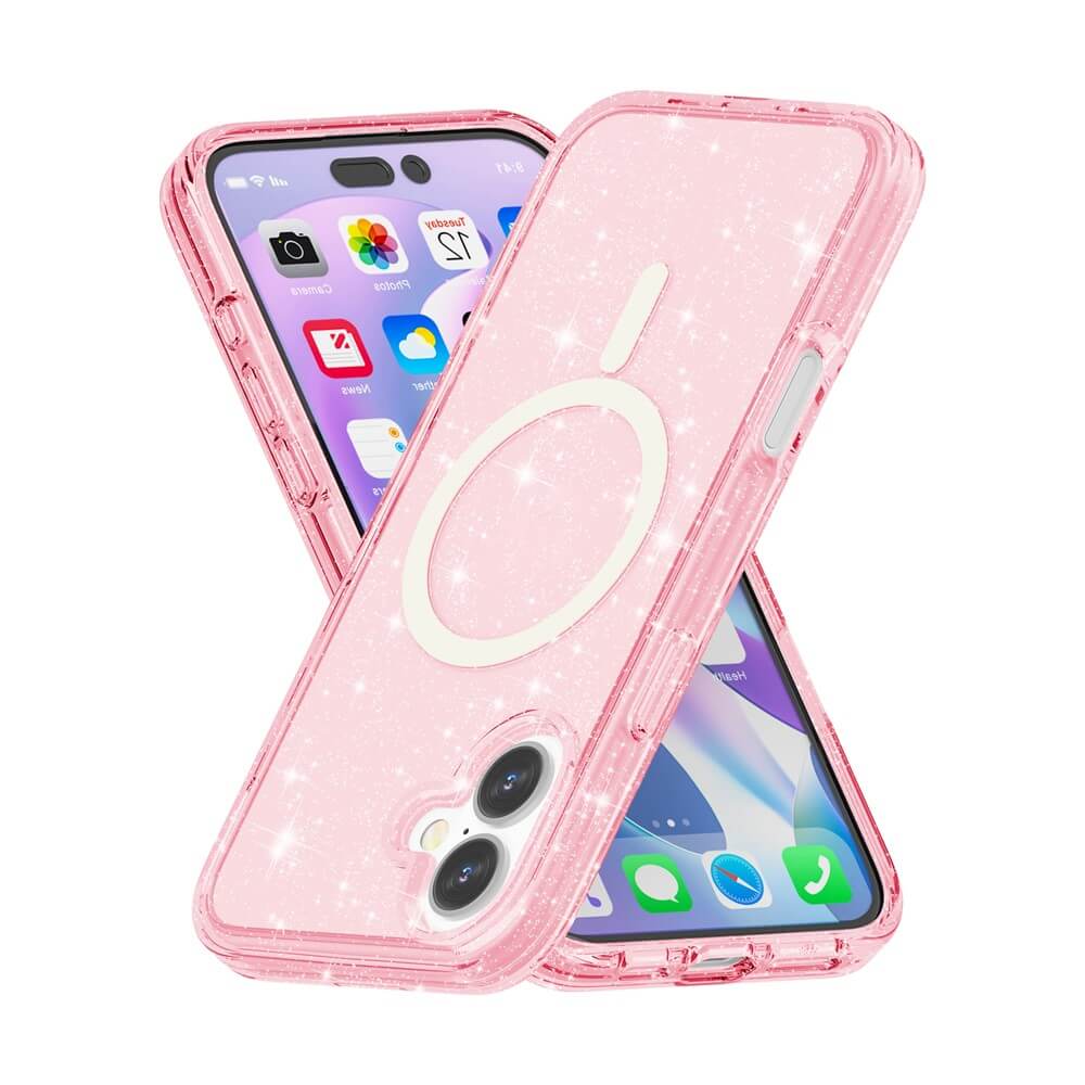 Zwei iPhone 17 Modelle werden im Cover-Discount Glitzer Case mit MagSafe, das ein ringförmiges MagSafe-kompatibles Design aufweist, stilvoll gekreuzt dargestellt.