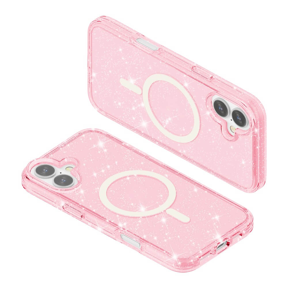 Zwei pinkfarbene, glitzernde Cover-Discount iPhone 17 Glitzer Cases mit MagSafe sind nebeneinander auf weißem Hintergrund abgebildet - ideal, um Ihren Stil zu unterstreichen.
