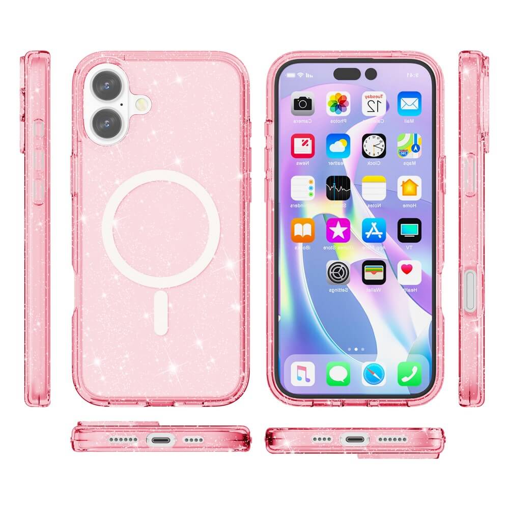 Das iPhone 17 - Glitzer Case mit MagSafe von Cover-Discount ist ein pinkes glitzerndes MagSafe-kompatibles Case, das für das iPhone 17 entwickelt wurde und aus verschiedenen Perspektiven (vorne und hinten) gezeigt wird.