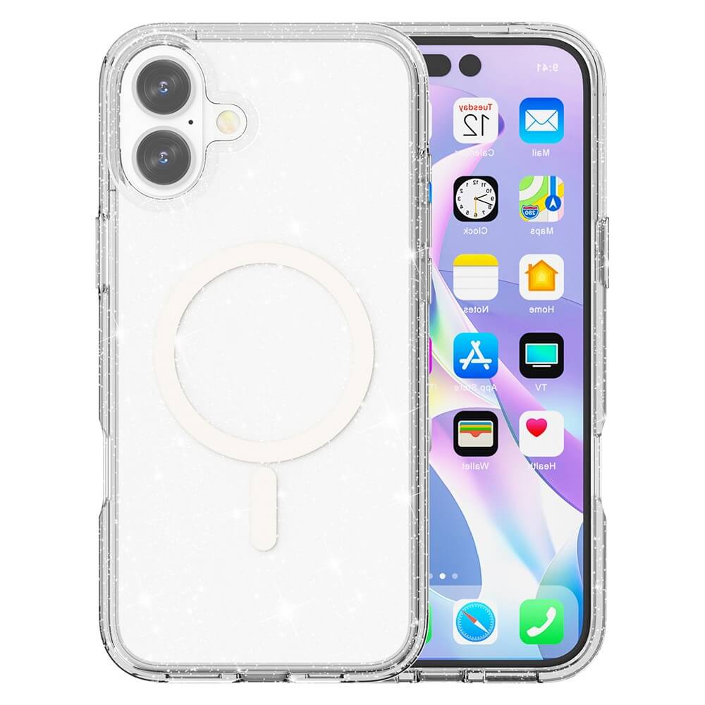 Das Cover-Discount iPhone 17 - Glitzer Case mit MagSafe ist eine durchsichtige Hülle mit einem kreisrunden MagSafe-kompatiblen Ring, der auf einem iPhone 17 mit einem bunten Homescreen abgebildet ist.