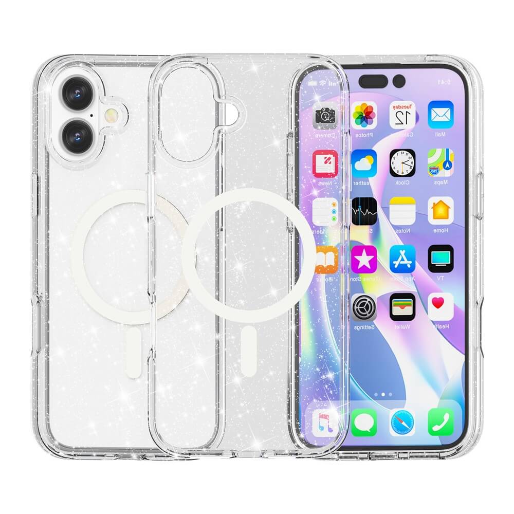 Drei Cover-Discount iPhone 17 Glitzer Case mit MagSafe sind transparent über einem iPhone 17 mit bunten App-Symbolen abgebildet.