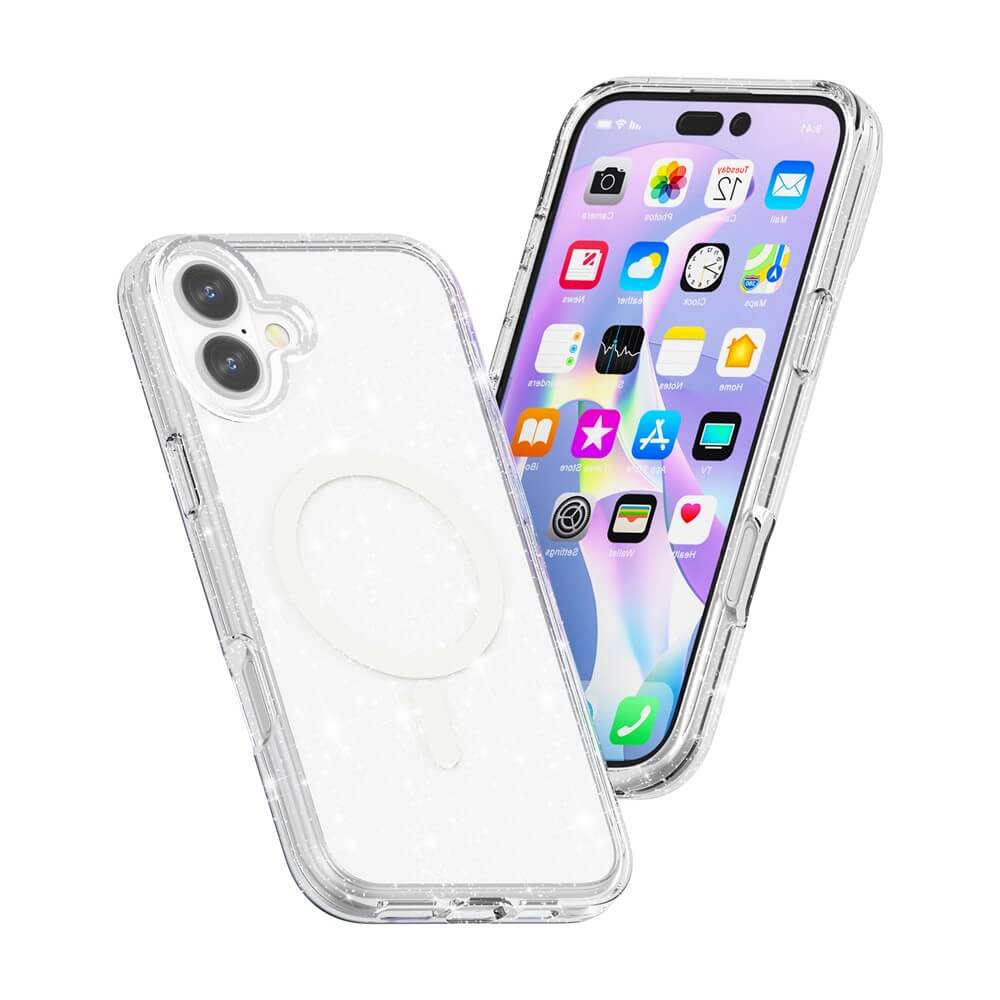 Zwei iPhone 17 im klaren, funkelnden Glitzer Case von Cover-Discount; eines zeigt den Homescreen, das andere die Rückseite. Kompatibel mit MagSafe.