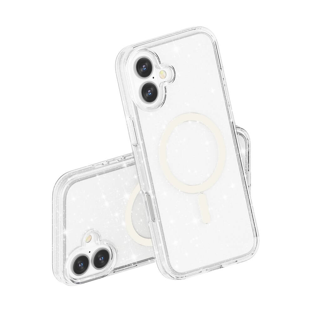 Zwei Cover-Discount iPhone 17 - Glitzer Case mit MagSafe in klar stehen aufrecht gegeneinander auf einem weißen Hintergrund.