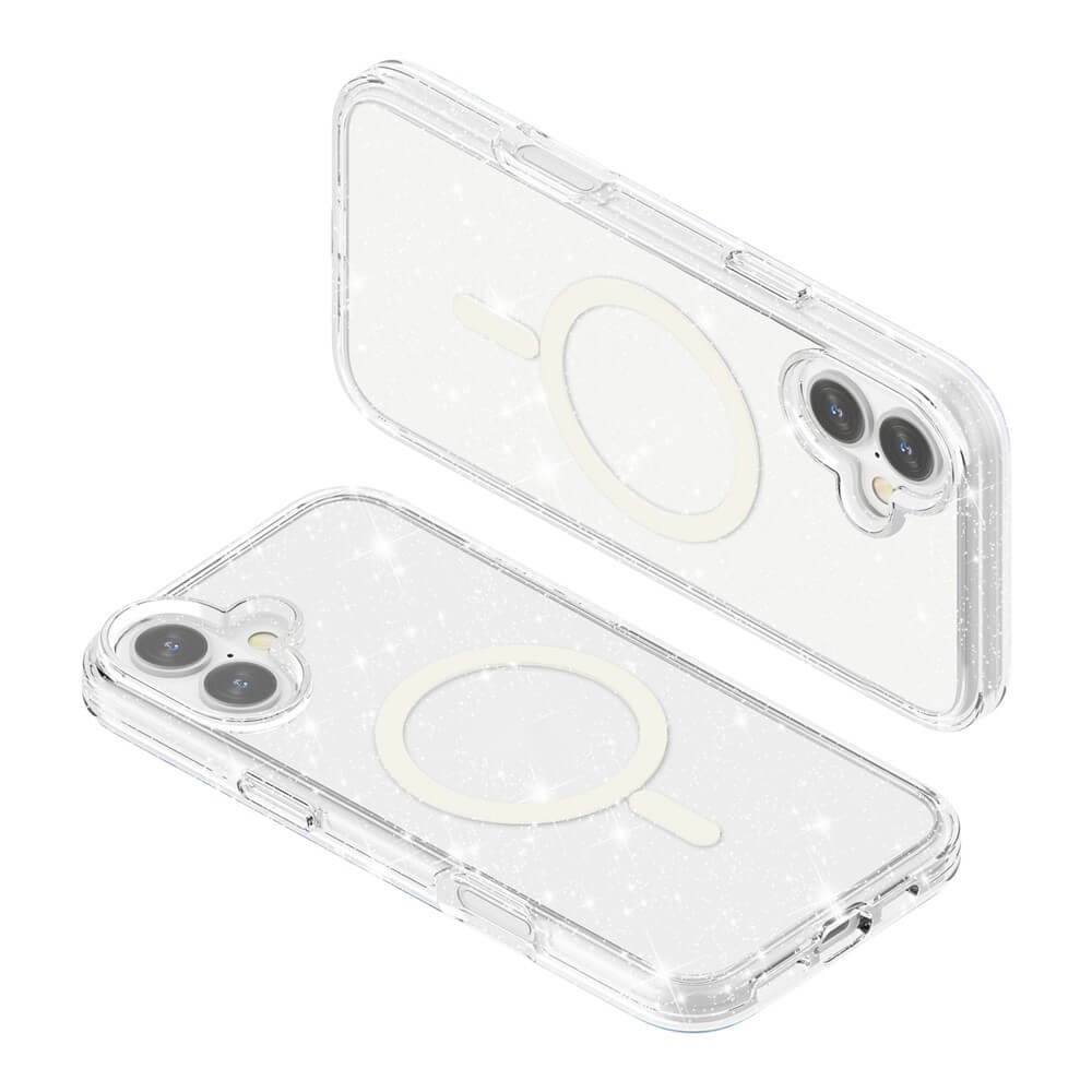 Zwei Cover-Discount iPhone 17 Glitzer Cases mit MagSafe: klare Hüllen mit funkelnden Highlights und sichtbaren MagSafe-Ringen, aus verschiedenen Perspektiven gezeigt.