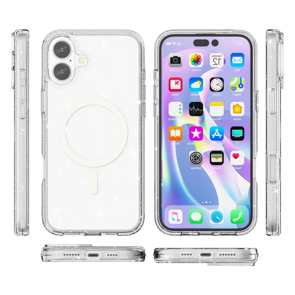 Das Cover-Discount iPhone 17 - Glitzer Case mit MagSafe zeigt das iPhone 17 von allen Seiten mit seinem Homescreen und den beiden rückseitigen Kameras.