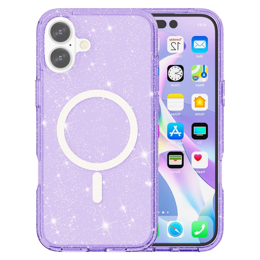 Das iPhone 17 - Glitzer Case mit MagSafe von Cover-Discount zeigt einen farbenfrohen Home-Bildschirm voller bunter App-Symbole.