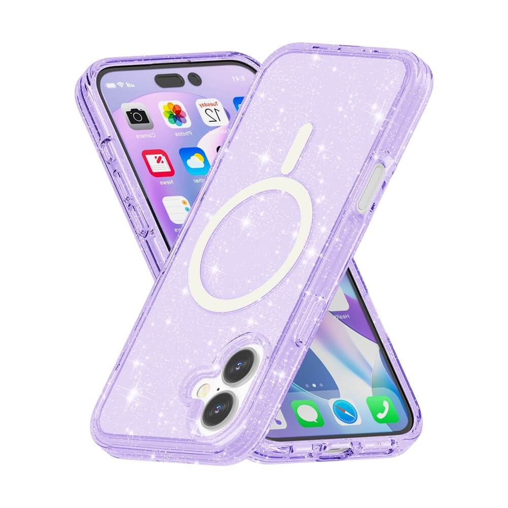 Zwei iPhone 17 Geräte in lila Cover-Discount Glitzer Case mit MagSafe, mit kreisförmigem Design und bunten App-Symbolen auf dem Display.