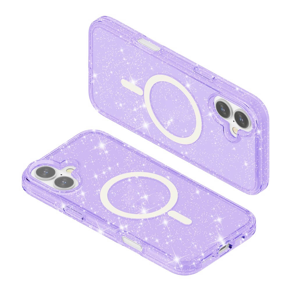 Zwei Cover-Discount iPhone 17 Glitzer Cases mit MagSafe in Lavendel und weißen MagSafe-Ringen - von vorne und hinten gezeigt.