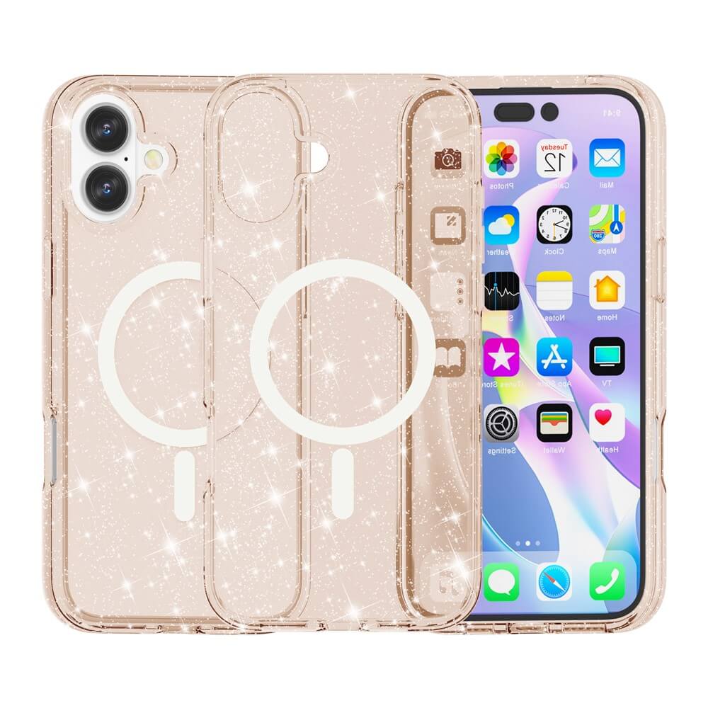 Drei glitzernde, transparente Cover-Discount Glitzer Case mit MagSafe Optionen werden vor einem iPhone 17 mit leuchtenden App-Symbolen gezeigt.